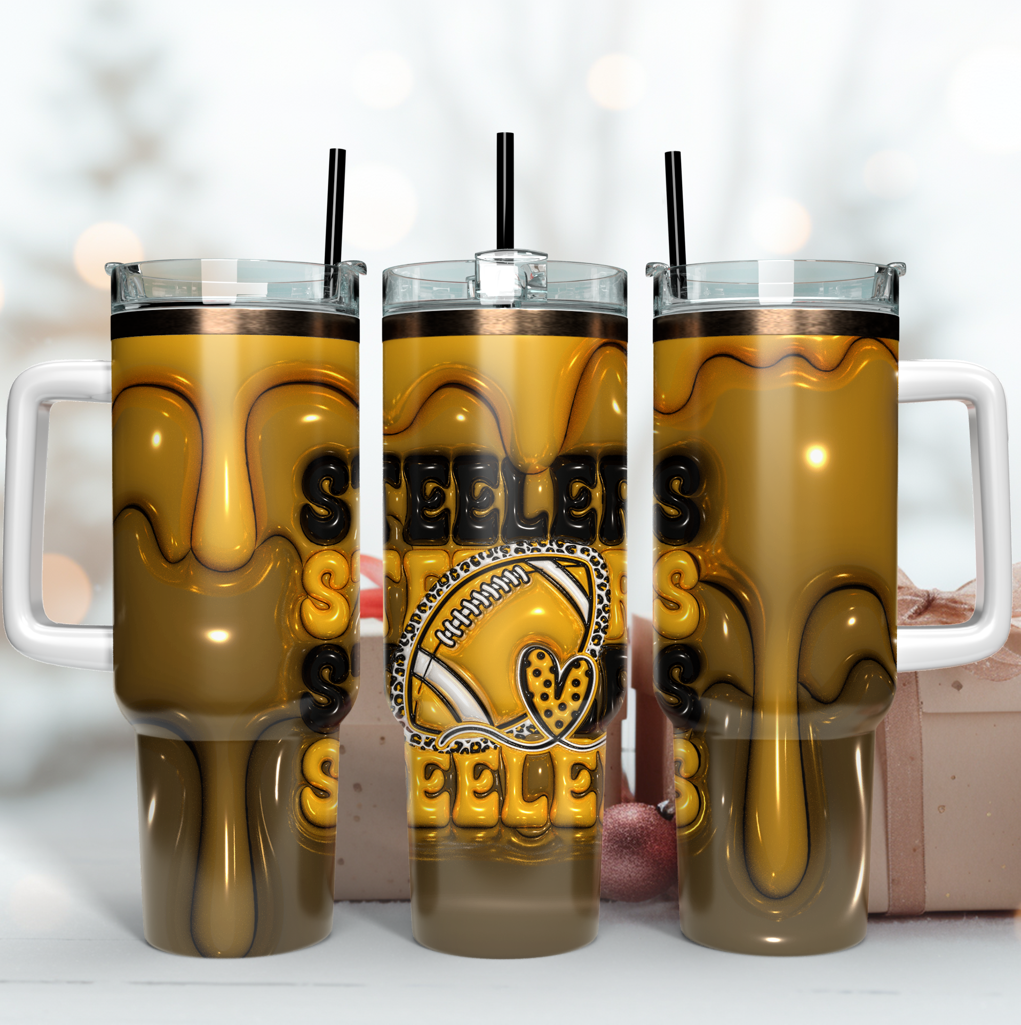 Pittsburgh Steelers NFL 3D Inflated Puff Effect Custom Stanley Quencher 40oz Stainless Steel Tumbler With Handle