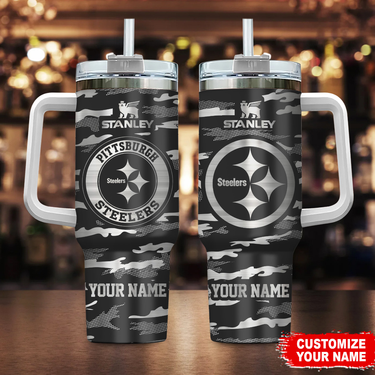 Pittsburgh Steelers NFL Camo Pattern Custom Stanley Quencher 40oz Stainless Steel Tumbler With Handle