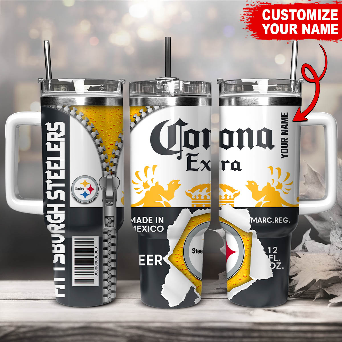 Pittsburgh Steelers NFL Corona Extra Custom Stanley Quencher 40oz Stainless Steel Tumbler With Handle