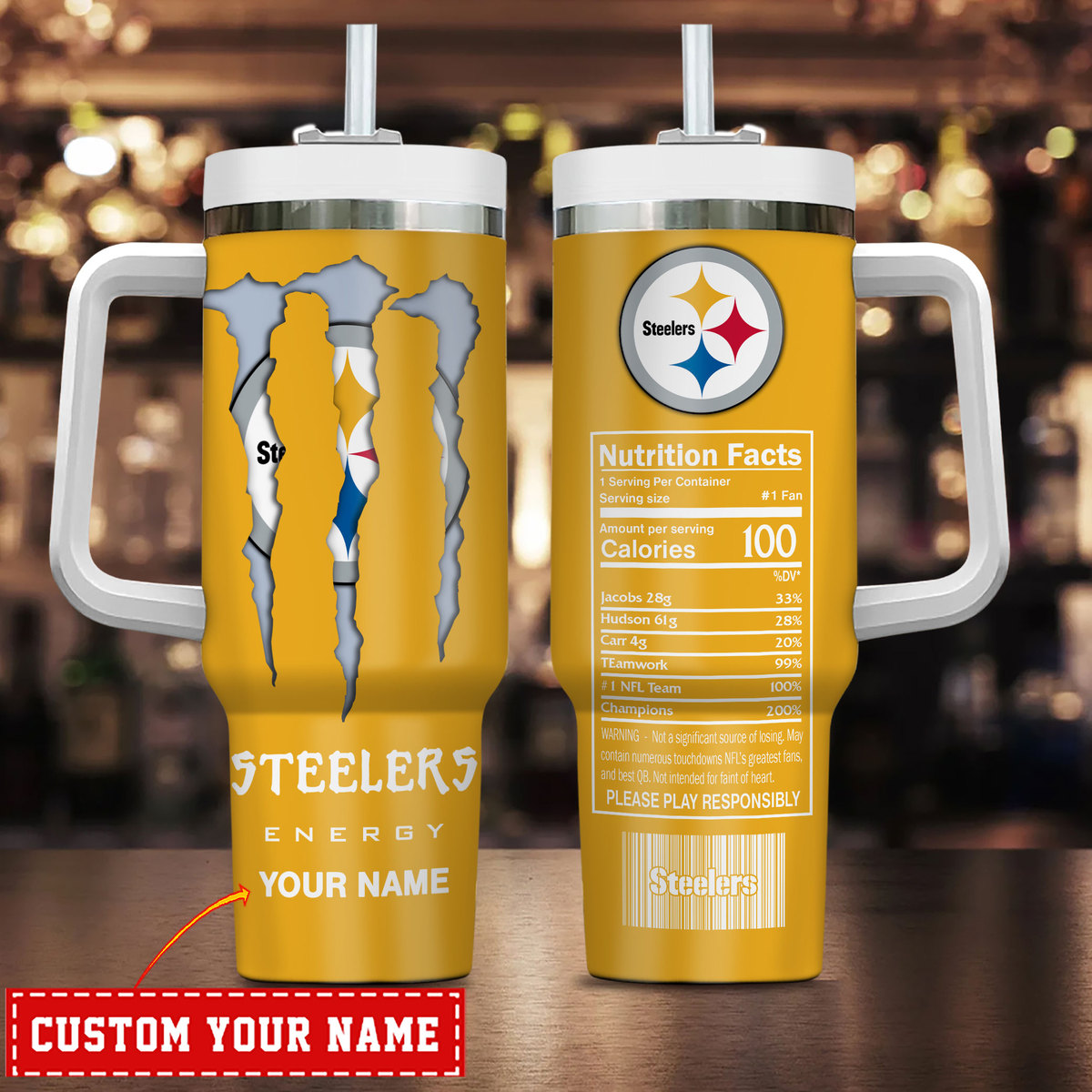 Pittsburgh Steelers NFL Energy Nutrition Facts Custom Stanley Quencher 40oz Stainless Steel Tumbler With Handle