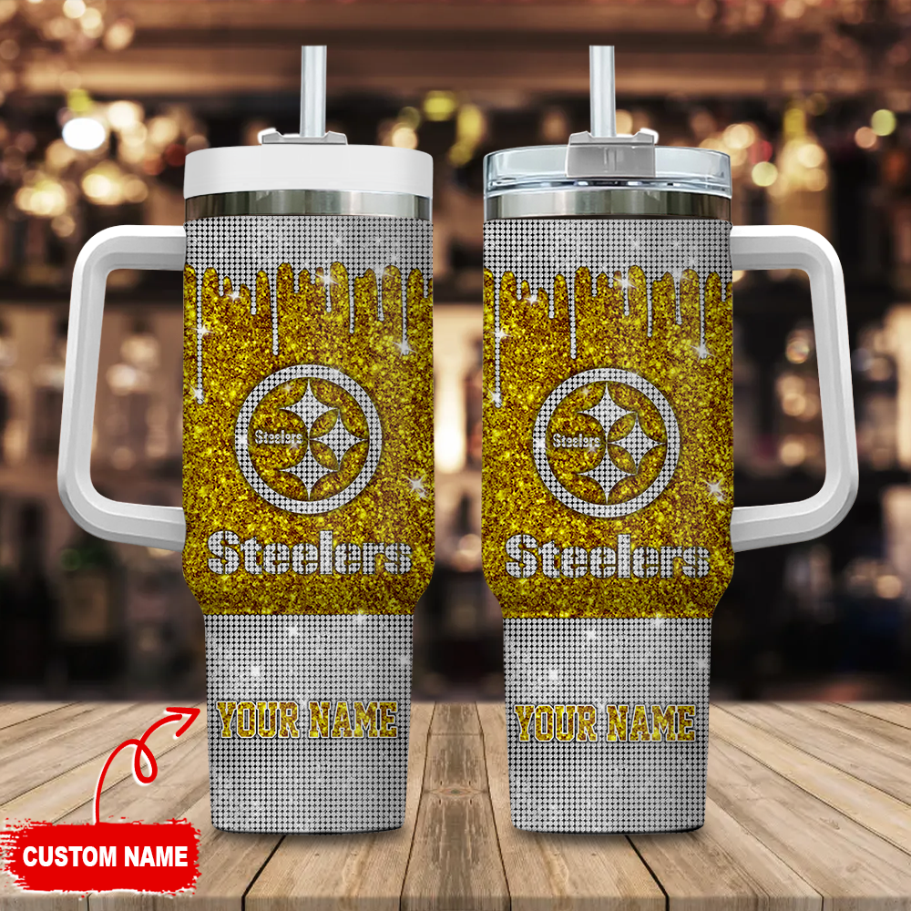 Pittsburgh Steelers NFL Glitter Custom Stanley Quencher 40oz Stainless Steel Tumbler With Handle