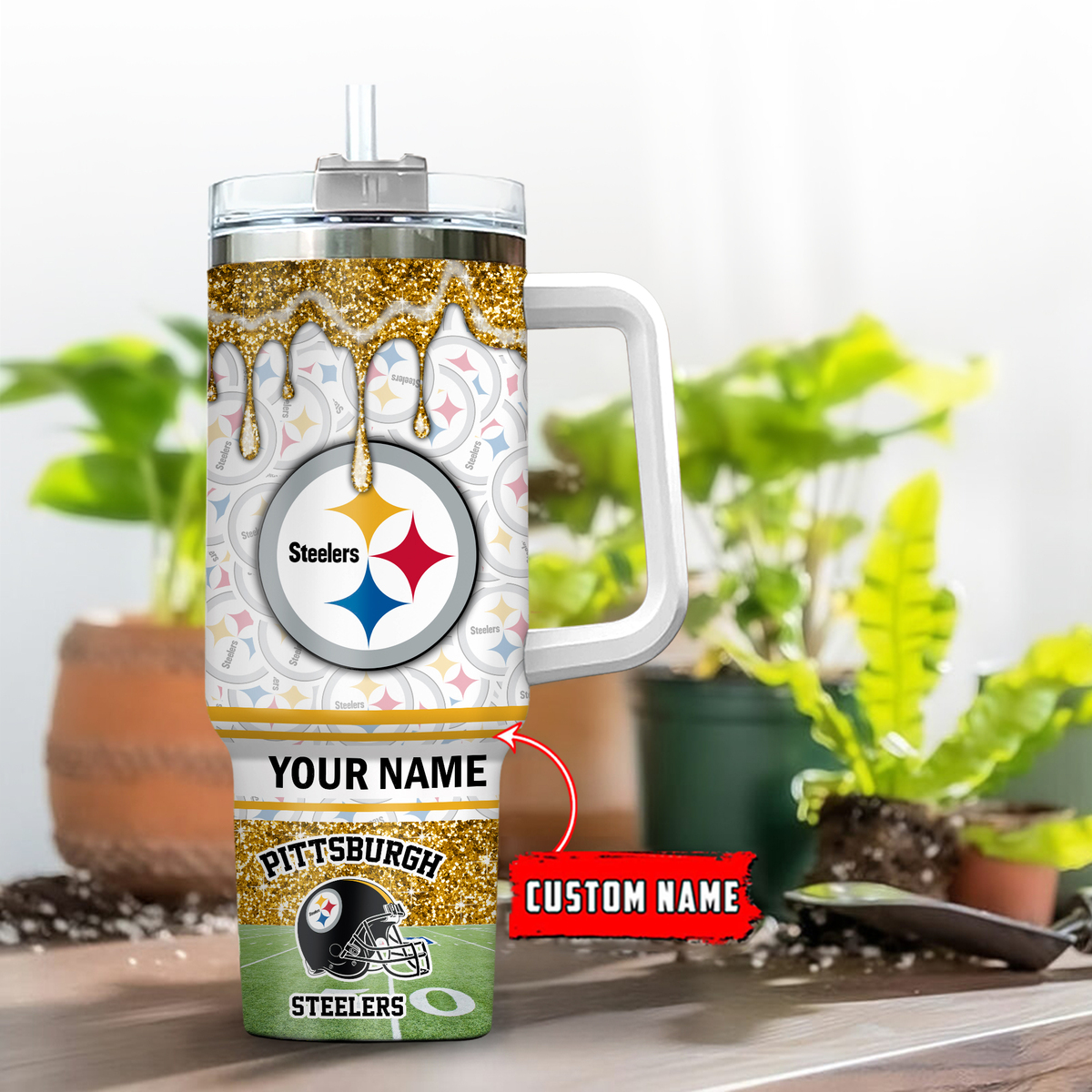 Pittsburgh Steelers NFL Glitter Custom Stanley Quencher 40oz Stainless Steel Tumbler With Handle