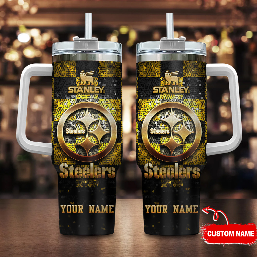 Pittsburgh Steelers NFL Glitter Golden Logo Custom Stanley Quencher 40oz Stainless Steel Tumbler With Handle