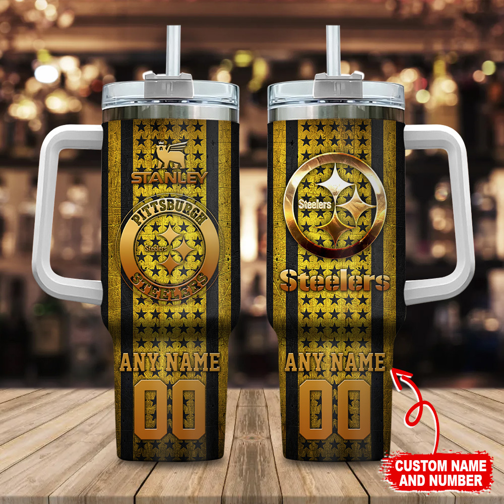 Pittsburgh Steelers NFL Golden Logos US Flag Custom Stanley Quencher 40oz Stainless Steel Tumbler With Handle
