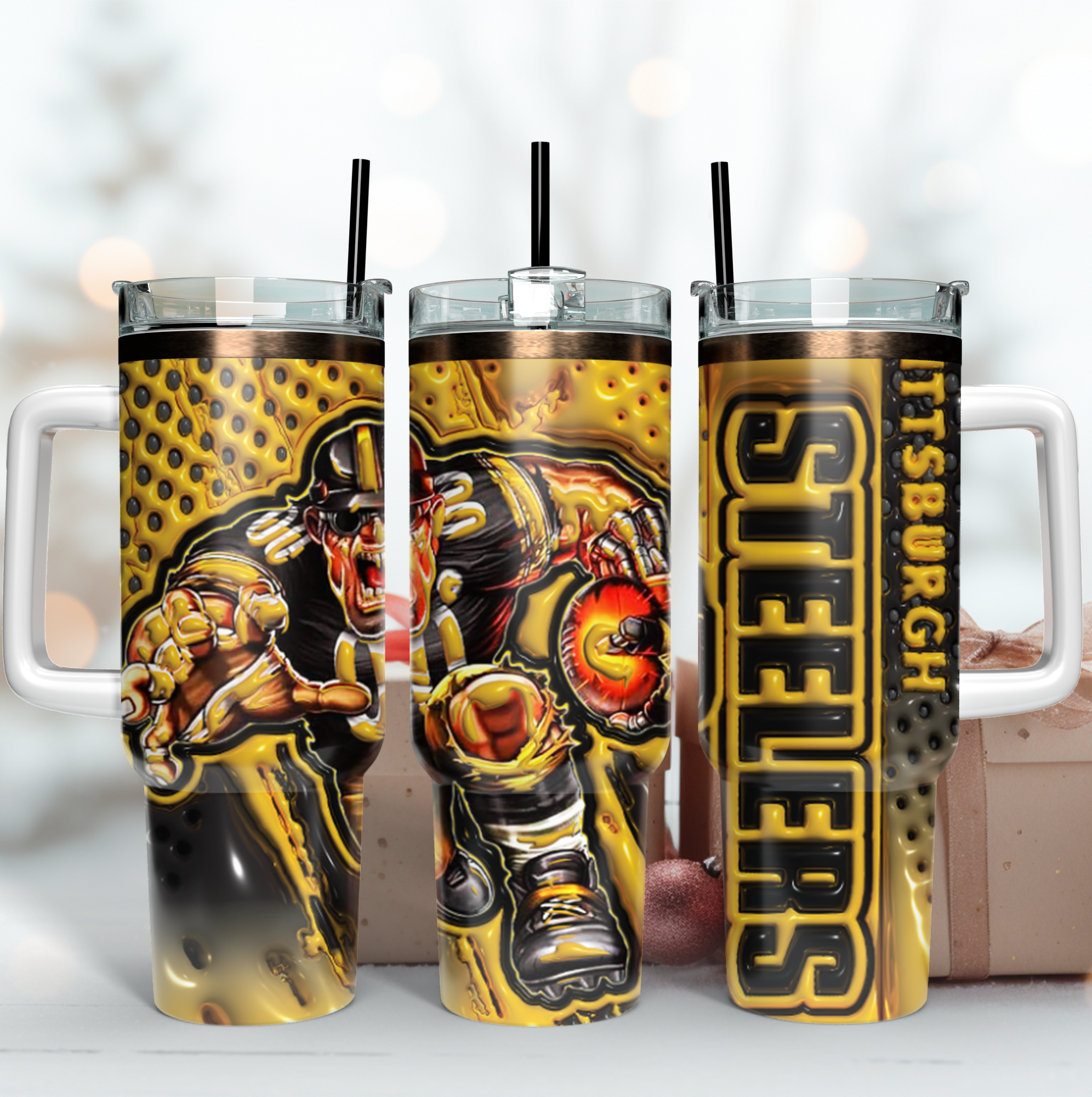 Pittsburgh Steelers NFL Mascot Custom Stanley Quencher 40oz Stainless Steel Tumbler With Handle