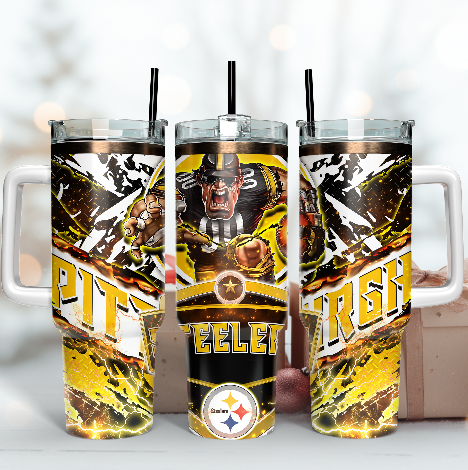 Pittsburgh Steelers NFL Mascot Custom Stanley Quencher 40oz Stainless Steel Tumbler With Handle