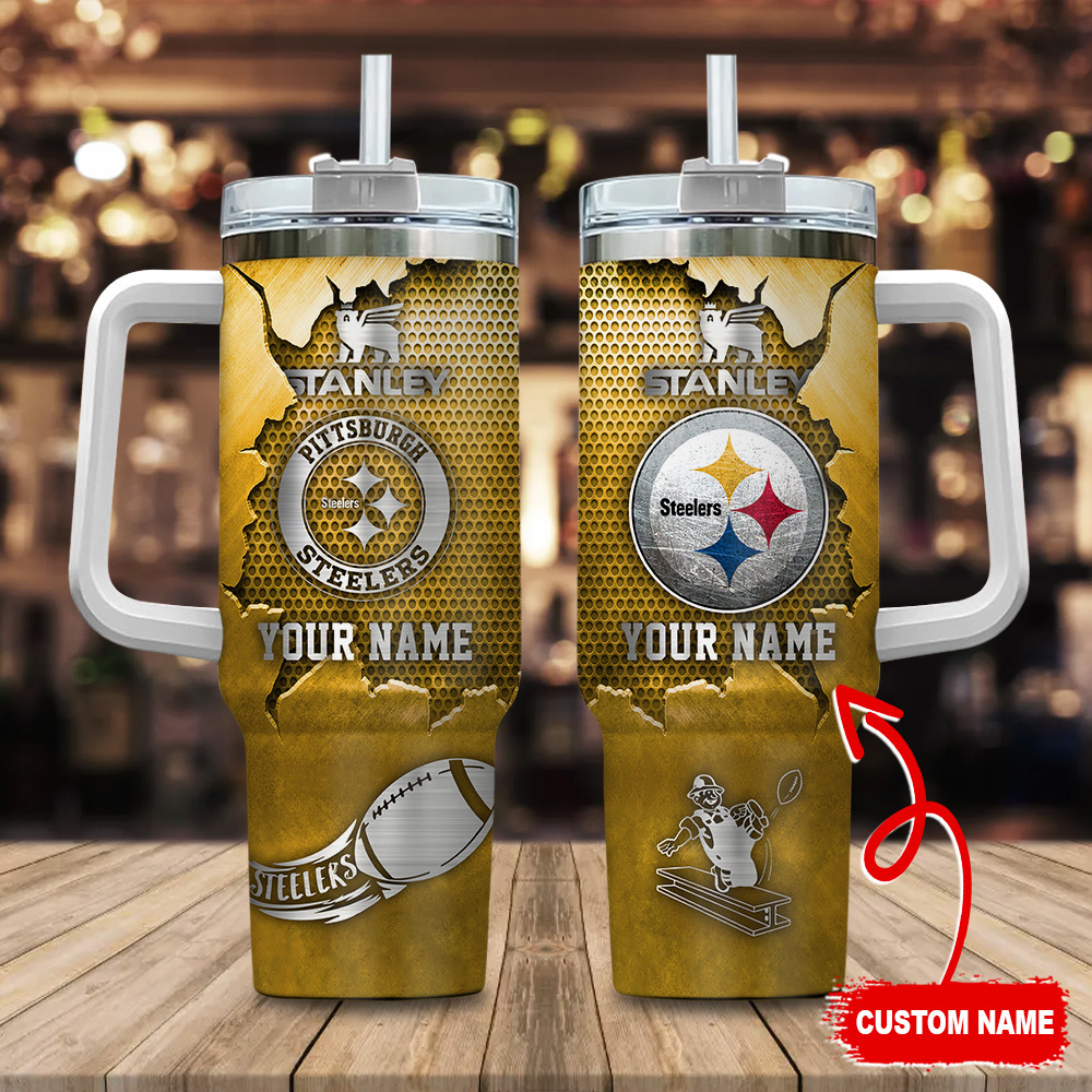 Pittsburgh Steelers NFL Metal Style Custom Stanley Quencher 40oz Stainless Steel Tumbler With Handle