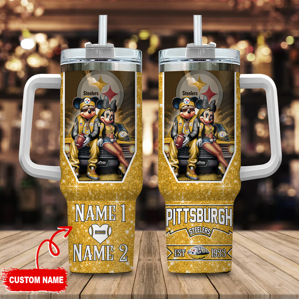 Pittsburgh Steelers NFL Mickey And Minnie Couple Custom Stanley Quencher 40oz Stainless Steel Tumbler With Handle