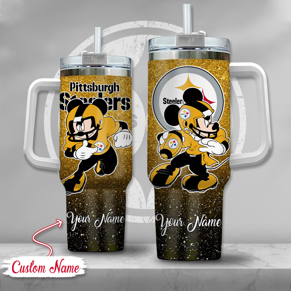 Pittsburgh Steelers NFL Mickey Mouse Glitter Custom Stanley Quencher 40oz Stainless Steel Tumbler With Handle