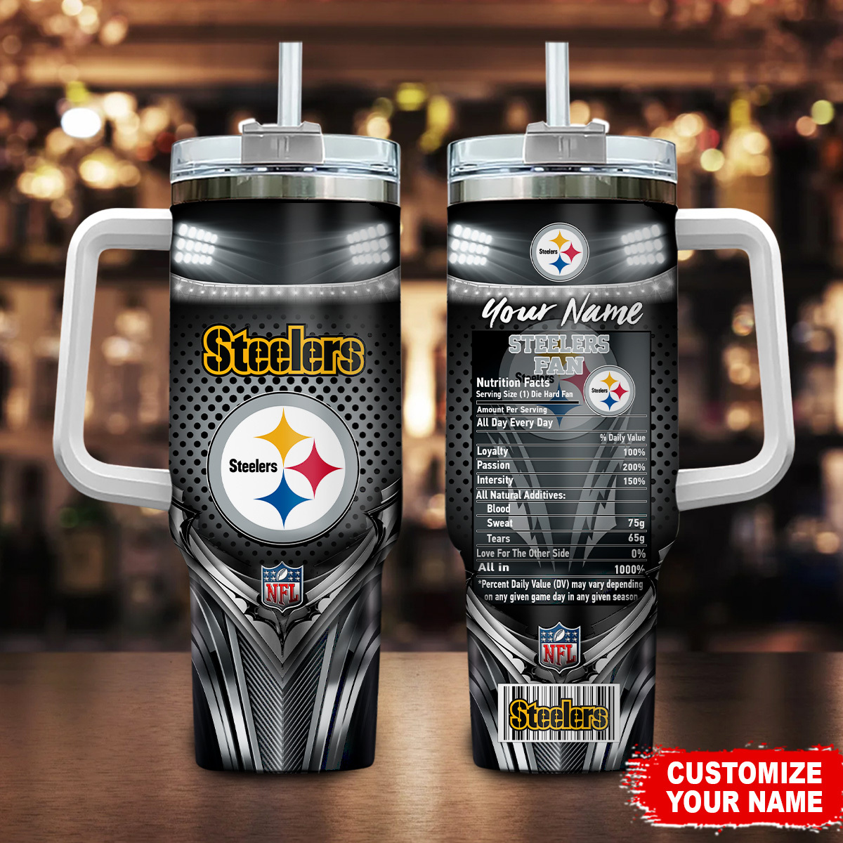 Pittsburgh Steelers NFL Nutrition Facts Custom Stanley Quencher 40oz Stainless Steel Tumbler With Handle
