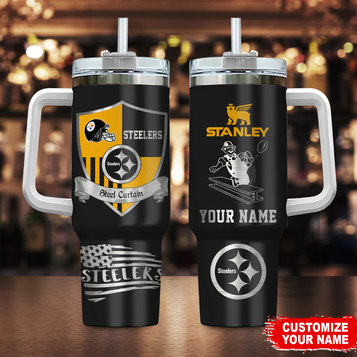 Pittsburgh Steelers NFL Silver Logo Custom Stanley Quencher 40oz Stainless Steel Tumbler With Handle