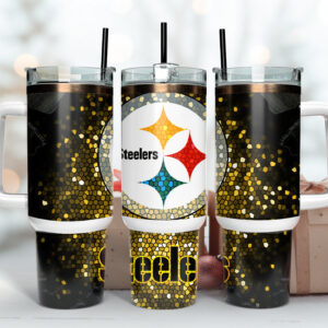 Pittsburgh Steelers NFL Stained Glass Effect Custom Stanley Quencher 40oz Stainless Steel Tumbler With Handle