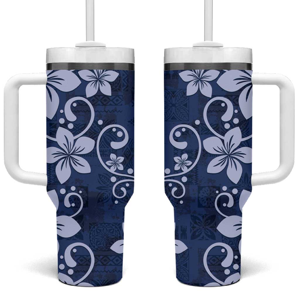 Plumeria Floral Tapa Navy Blue Custom Stanley Quencher 40oz Stainless Steel Tumbler With Handle