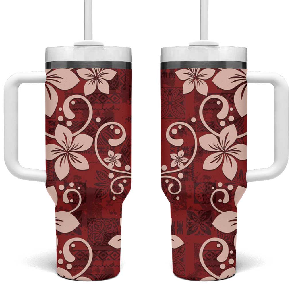Plumeria Floral Tapa Oxblood Red Custom Stanley Quencher 40oz Stainless Steel Tumbler With Handle