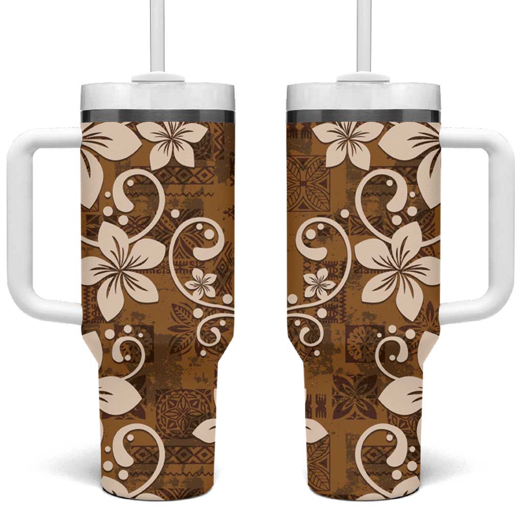 Plumeria Floral Tapa Vintage Gold Custom Stanley Quencher 40oz Stainless Steel Tumbler With Handle