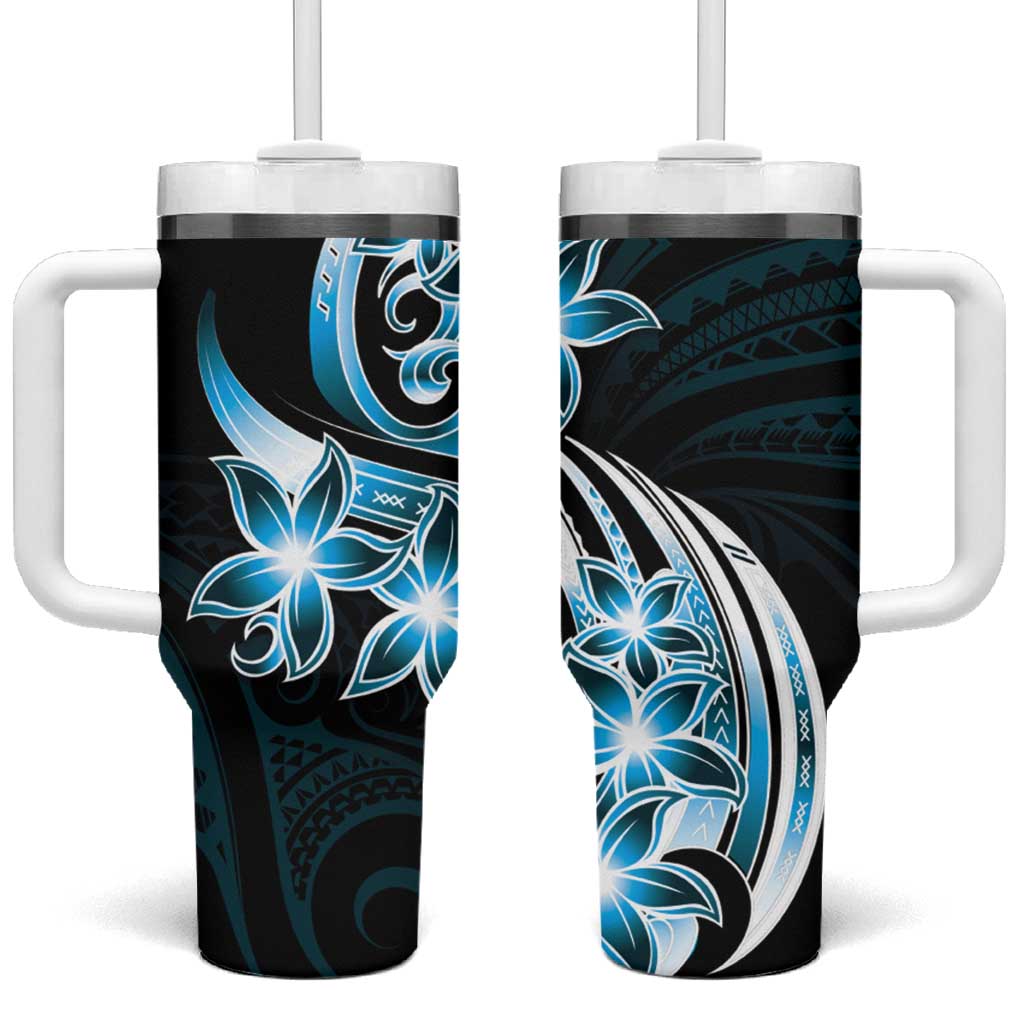 Plumeria Tribal Tattoo Blue Polynesian Custom Stanley Quencher 40oz Stainless Steel Tumbler With Handle