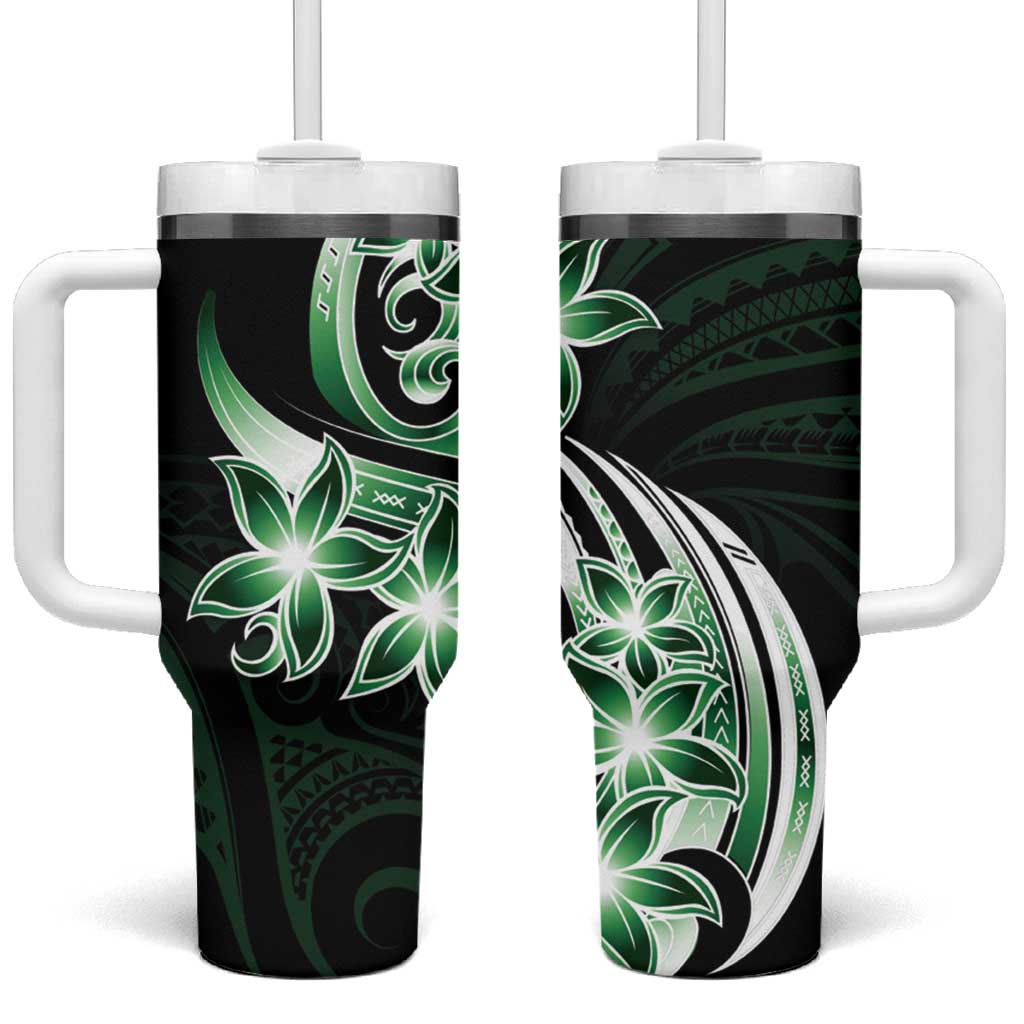 Plumeria Tribal Tattoo Green Polynesian Custom Stanley Quencher 40oz Stainless Steel Tumbler With Handle