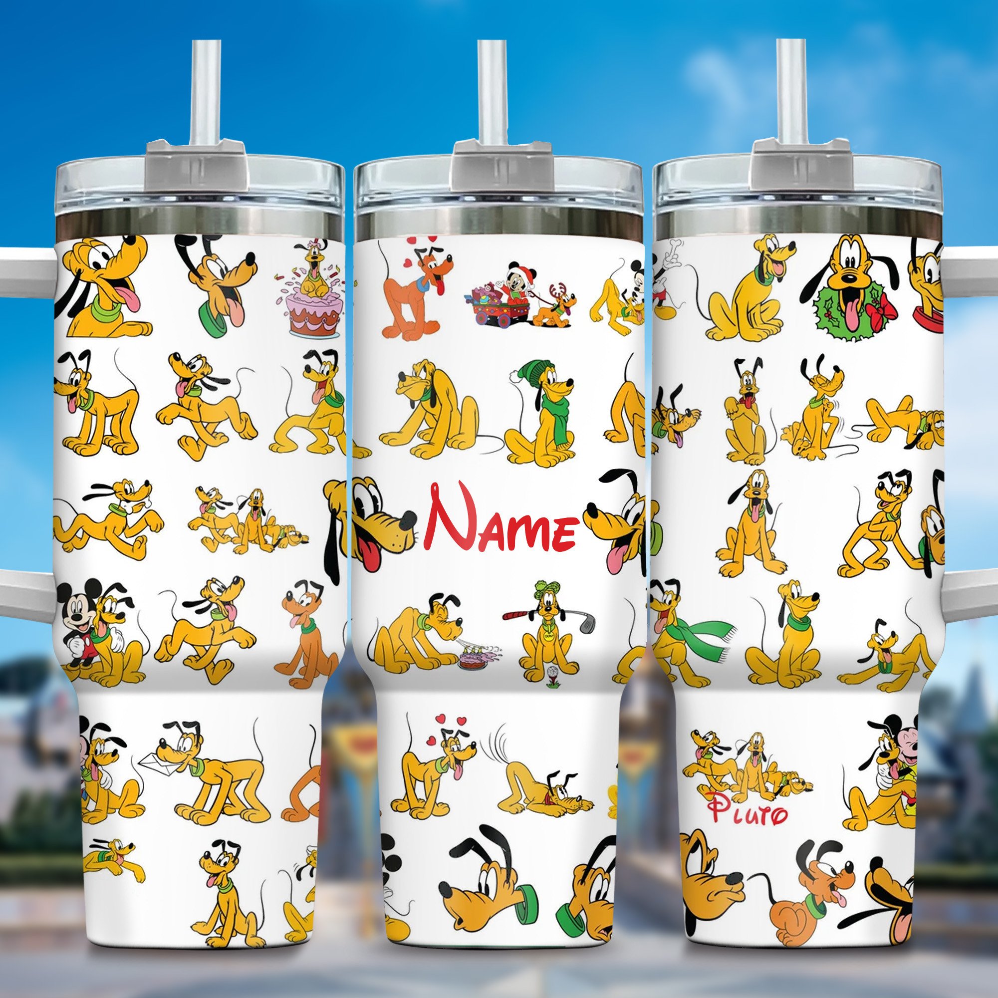 Pluto Dog Cartoon Custom Stanley Quencher 40oz Stainless Steel Tumbler With Handle