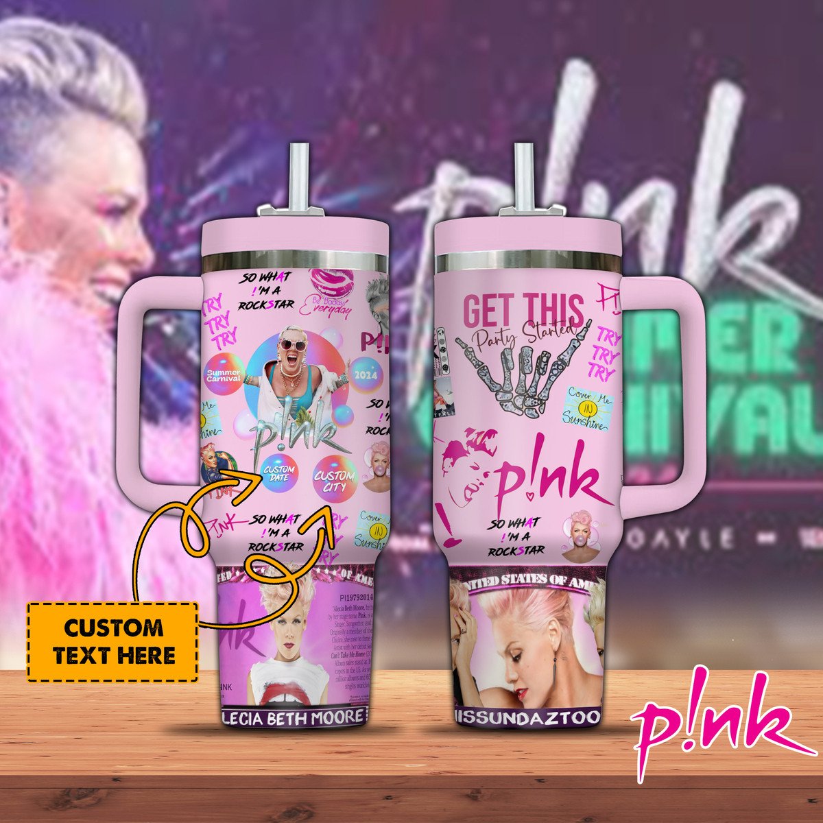 P!nk Music Custom Stanley Quencher 40oz Stainless Steel Tumbler With Handle
