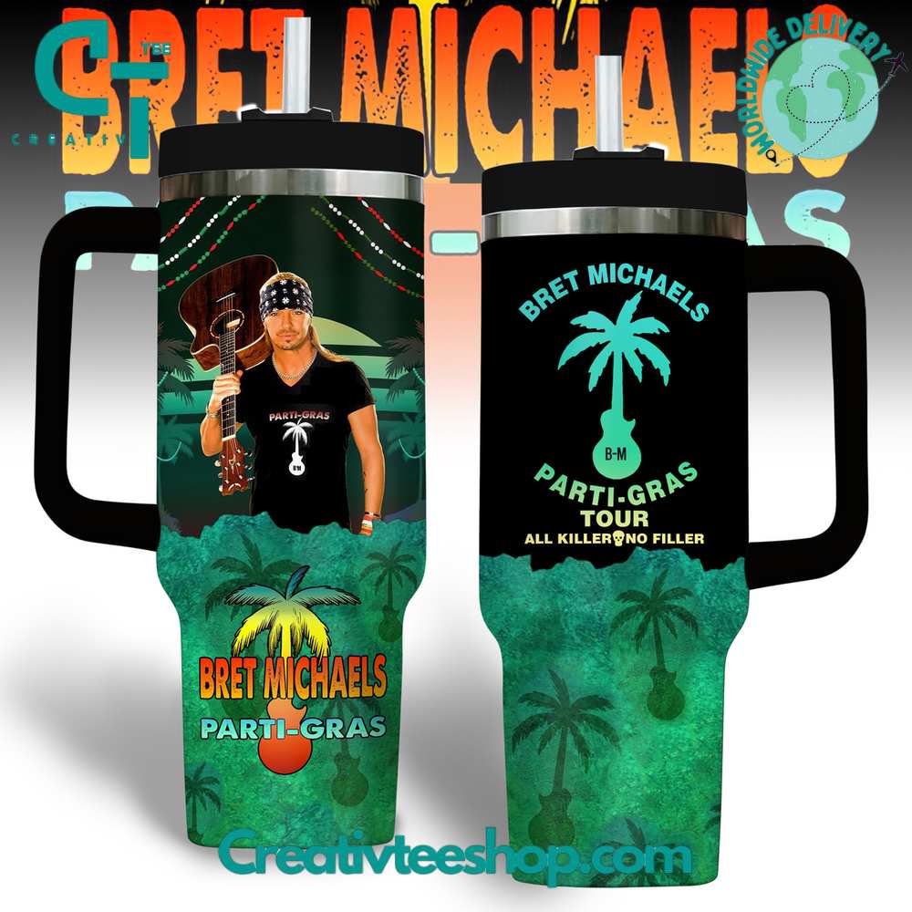 Poison Bret Michaels Parti Gras Music Custom Stanley Quencher 40oz Stainless Steel Tumbler With Handle