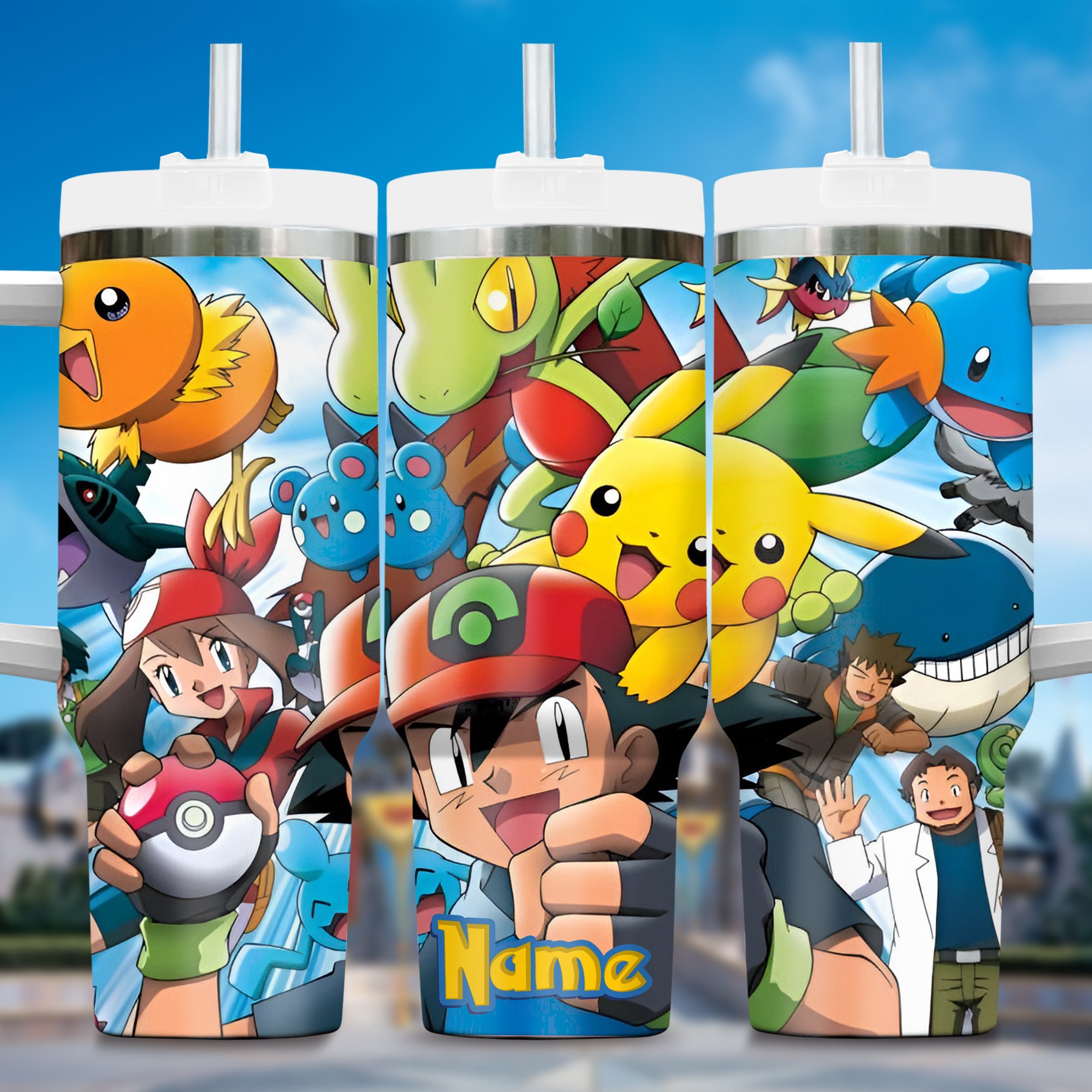 Pokemon Cartoon Custom Stanley Quencher 40oz Stainless Steel Tumbler With Handle