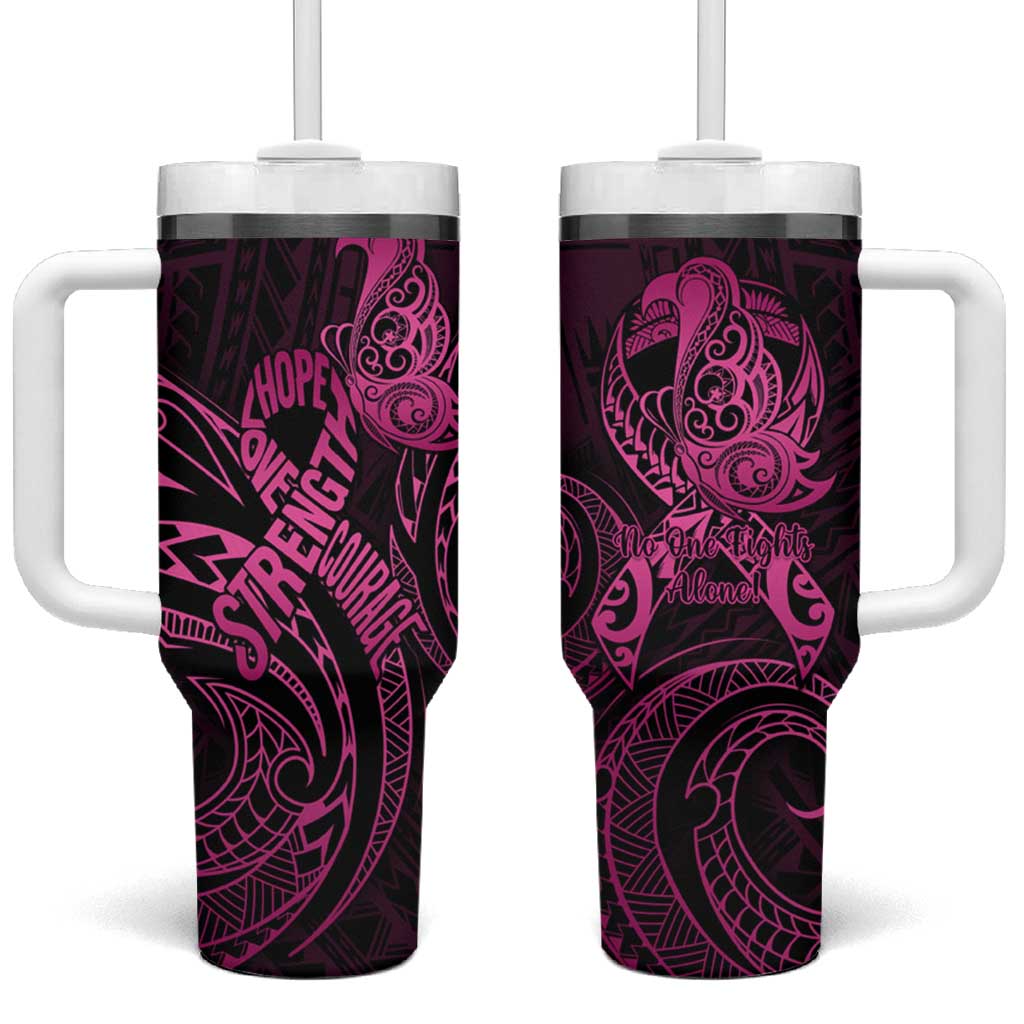 Polynesia Breast Cancer Awareness No One Fights Alone Pink Ribbon Custom Stanley Quencher 40oz Stainless Steel Tumbler With Handle
