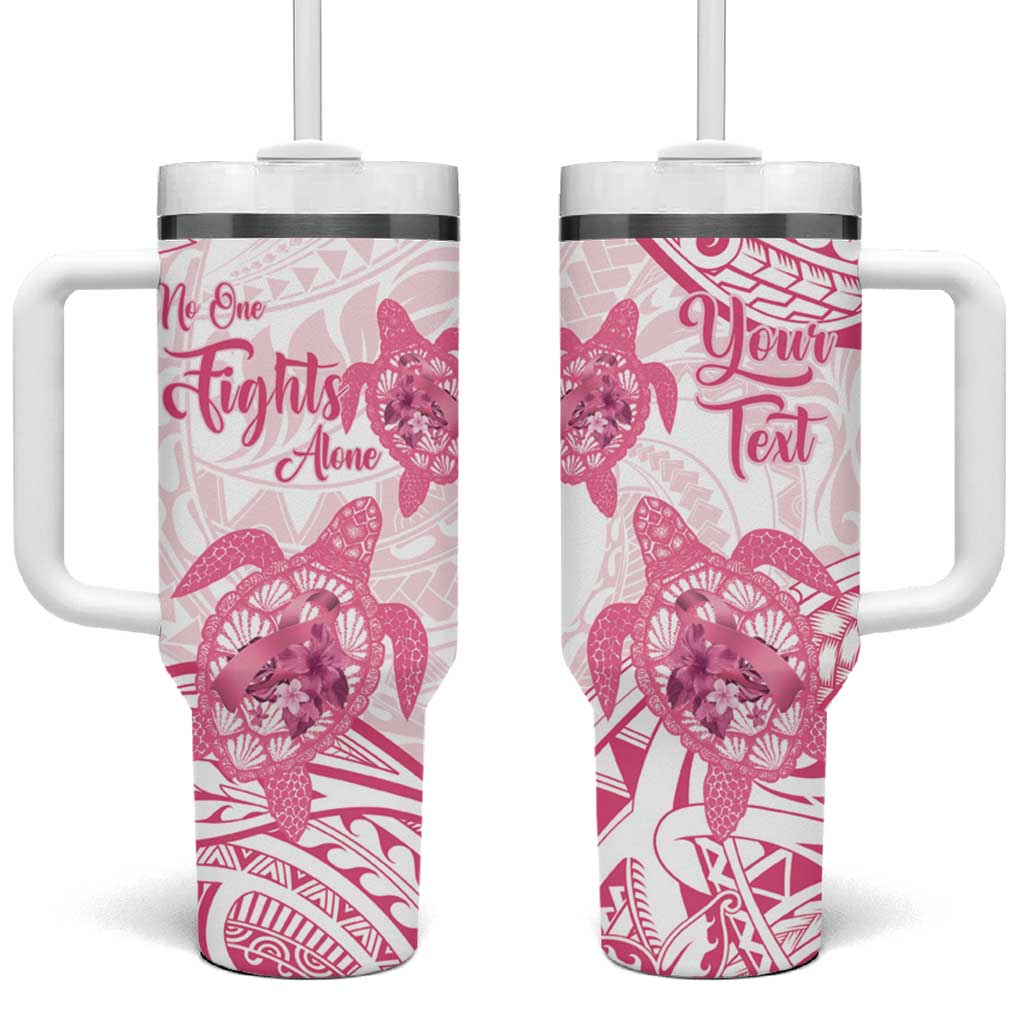 Polynesia Breast Cancer Awareness No One Fights Alone Turtle Ribbon White Custom Stanley Quencher 40oz Stainless Steel Tumbler With Handle