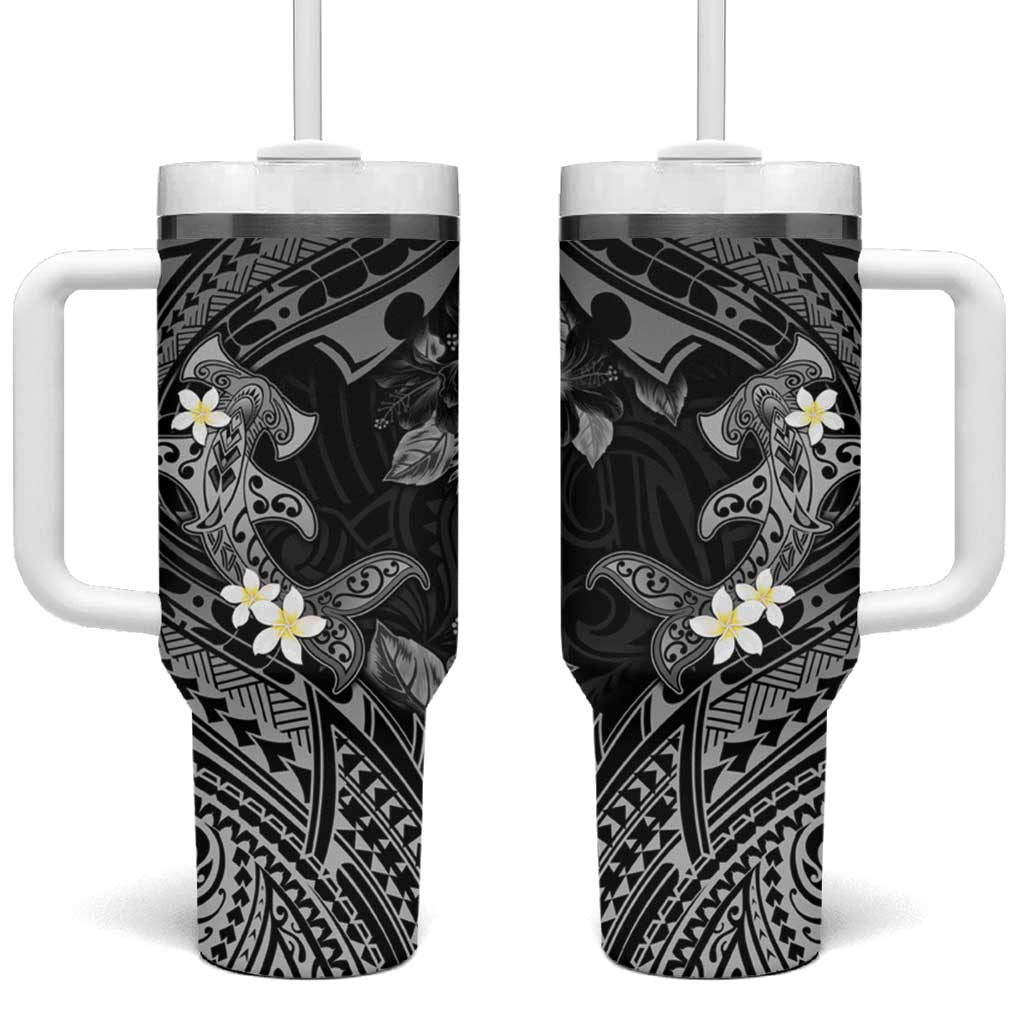 Polynesia Hammerhead Shark Tropical Flowers Tribal Black Custom Stanley Quencher 40oz Stainless Steel Tumbler With Handle