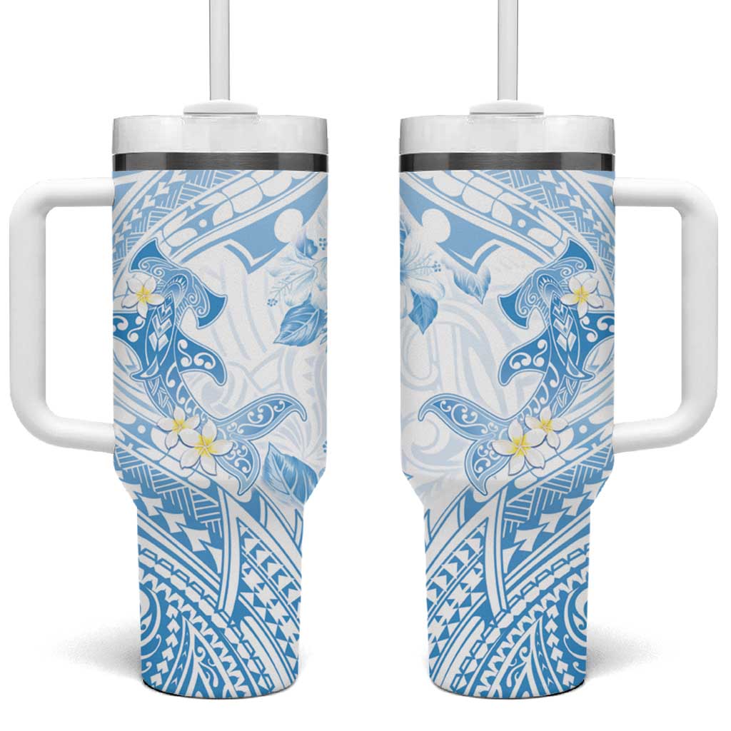 Polynesia Hammerhead Shark Tropical Flowers Tribal Blue Custom Stanley Quencher 40oz Stainless Steel Tumbler With Handle