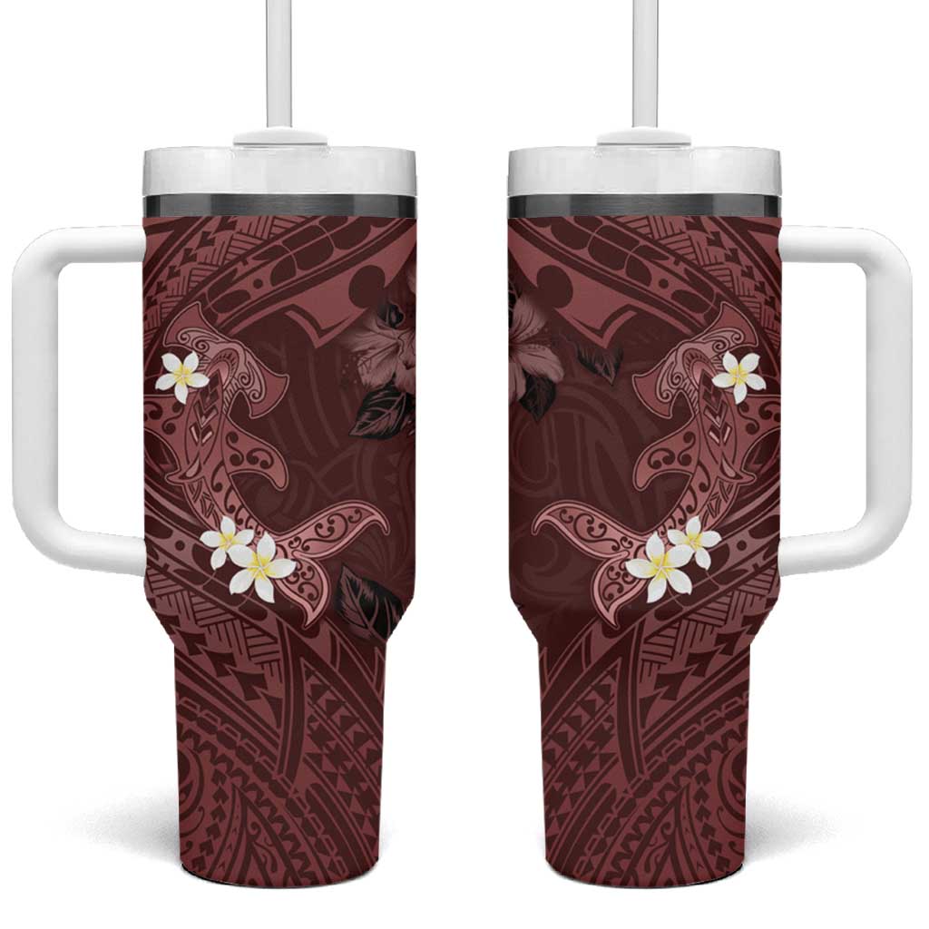 Polynesia Hammerhead Shark Tropical Flowers Tribal Oxblood Custom Stanley Quencher 40oz Stainless Steel Tumbler With Handle