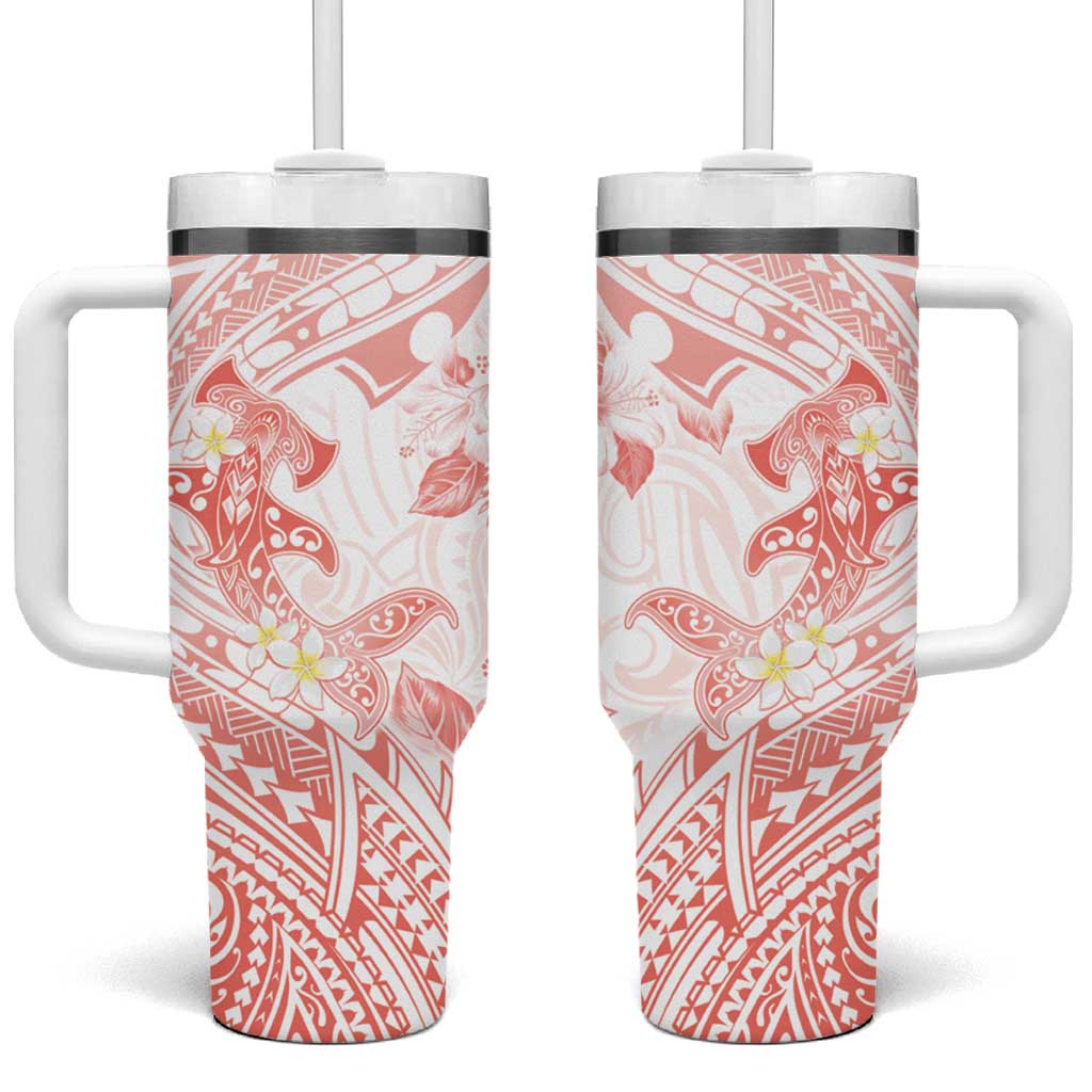 Polynesia Hammerhead Shark Tropical Flowers Tribal Peach Custom Stanley Quencher 40oz Stainless Steel Tumbler With Handle