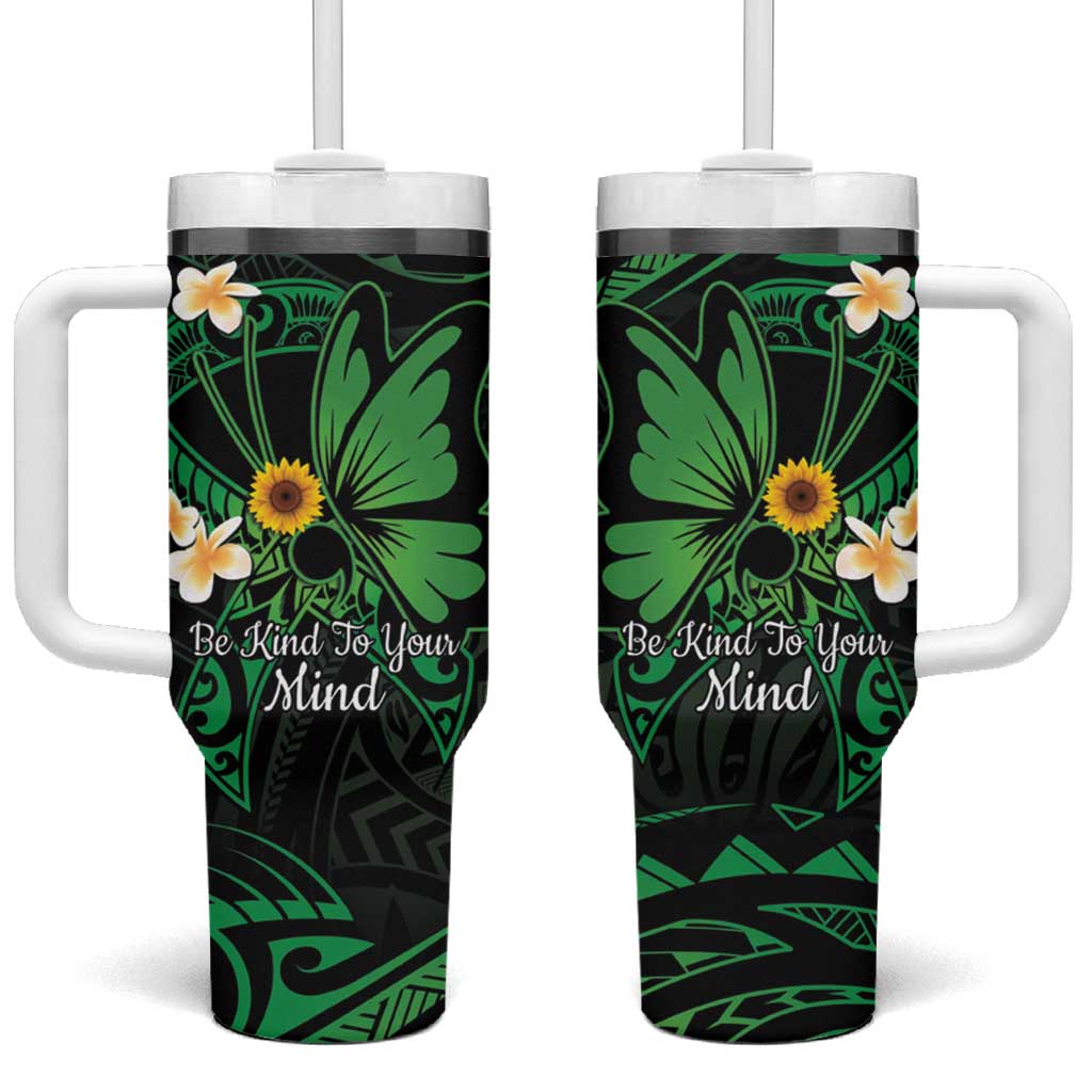 Polynesia Mental Health Awareness Green Ribbon Be Kind To Your Mind Custom Stanley Quencher 40oz Stainless Steel Tumbler With Handle