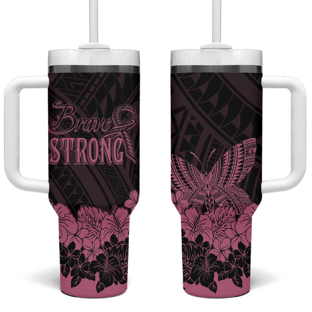 Polynesian Breast Cancer Awareness Floral Butterfly Custom Stanley Quencher 40oz Stainless Steel Tumbler With Handle