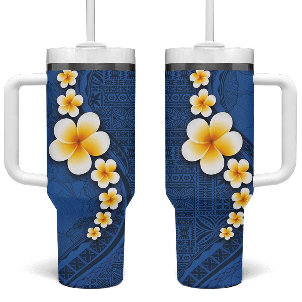 Polynesian Hibiscus and Plumeria with Tapa Blue Color Custom Stanley Quencher 40oz Stainless Steel Tumbler With Handle
