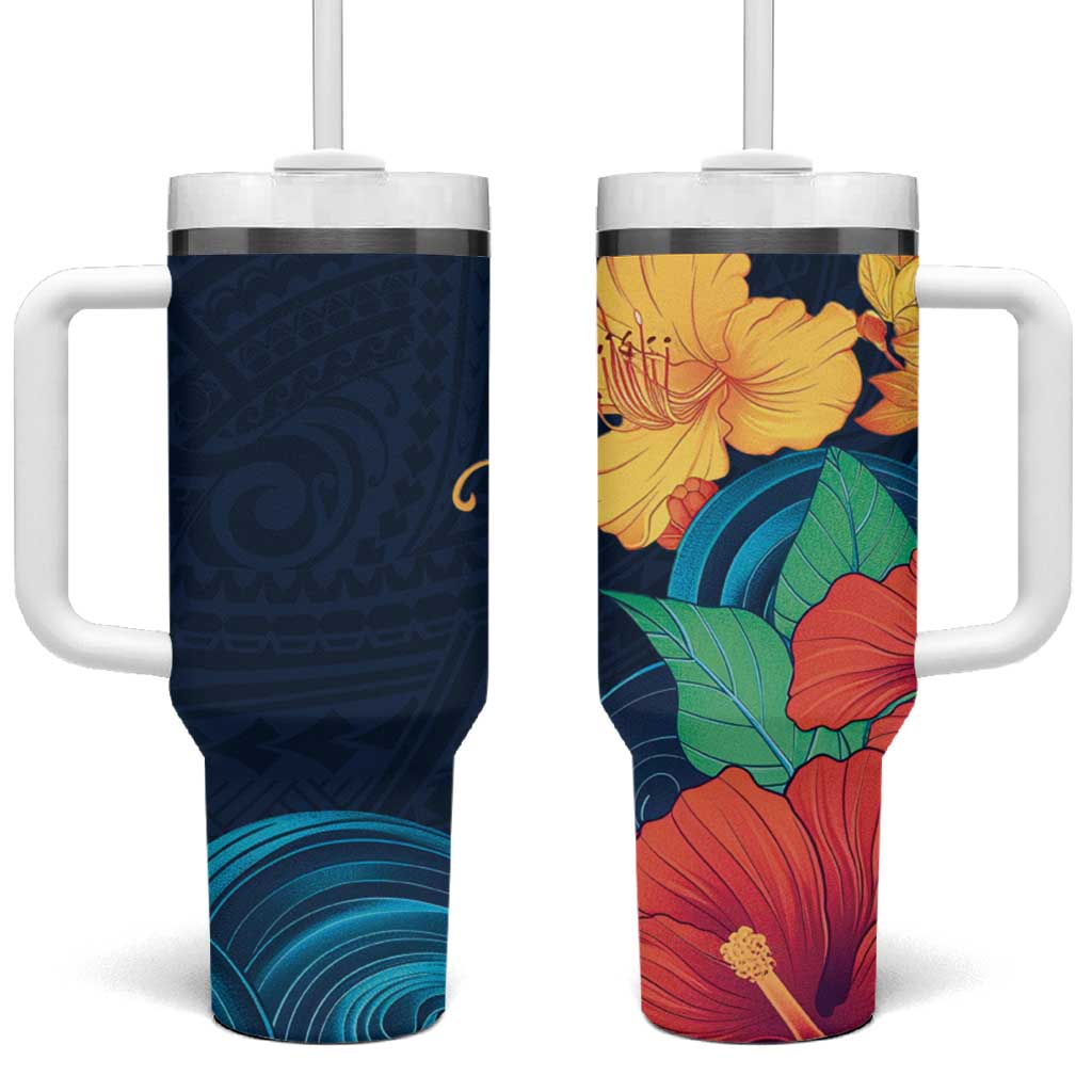 Polynesian Hibiscus Flower Waves Custom Stanley Quencher 40oz Stainless Steel Tumbler With Handle