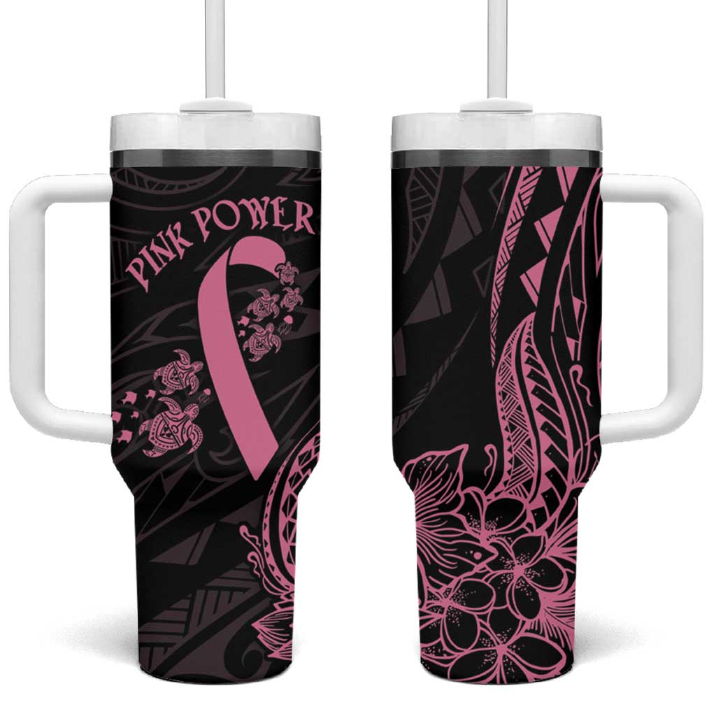Polynesian Pink Power Breast Cancer Ribbon Turtle and Flowers Custom Stanley Quencher 40oz Stainless Steel Tumbler With Handle
