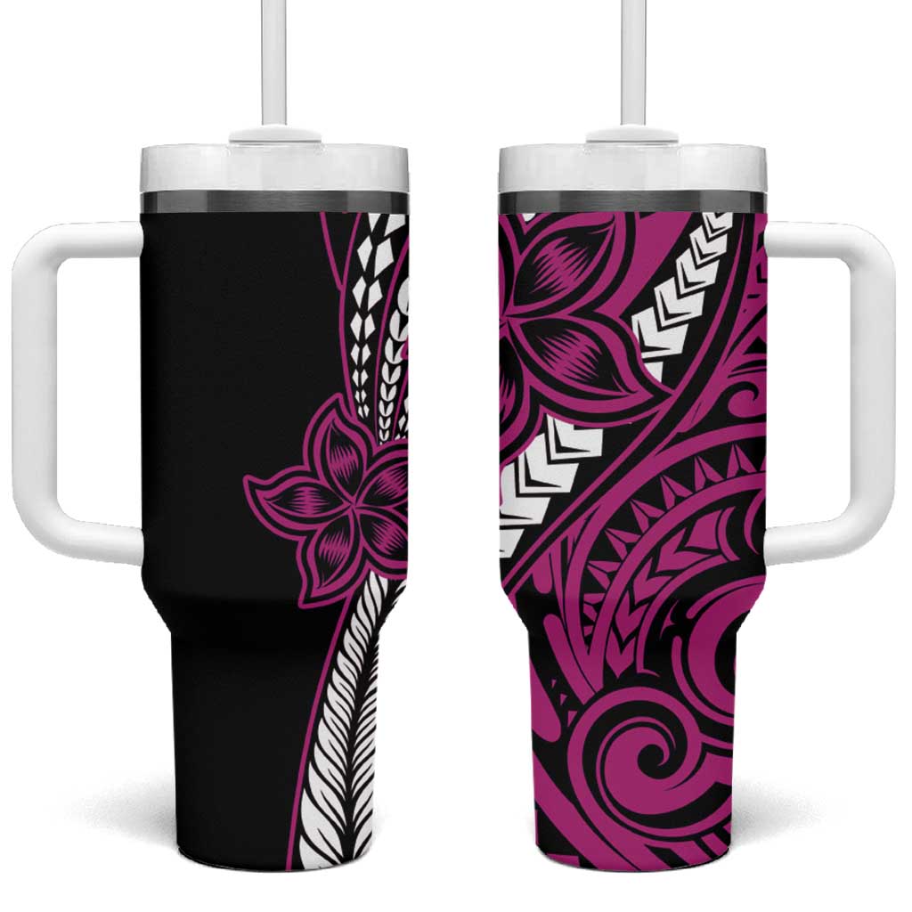Polynesian Plumeria Floral Tattoo Pink Custom Stanley Quencher 40oz Stainless Steel Tumbler With Handle