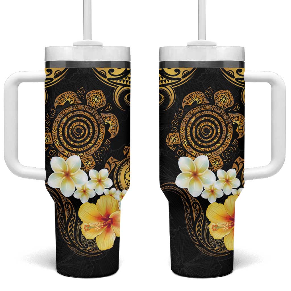 Polynesian Turtle Plumeria Hibiscus Black Color Custom Stanley Quencher 40oz Stainless Steel Tumbler With Handle