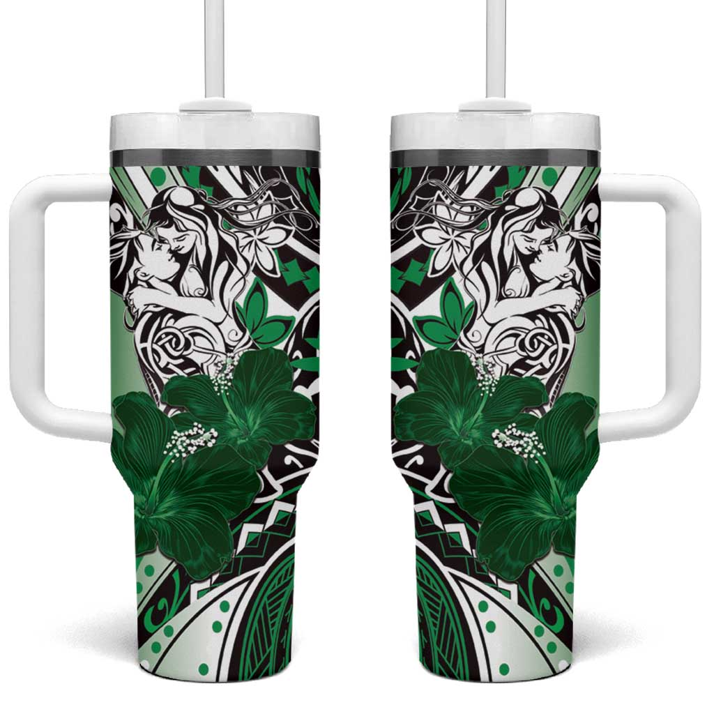 Polynesian Valentine Floral Green Custom Stanley Quencher 40oz Stainless Steel Tumbler With Handle