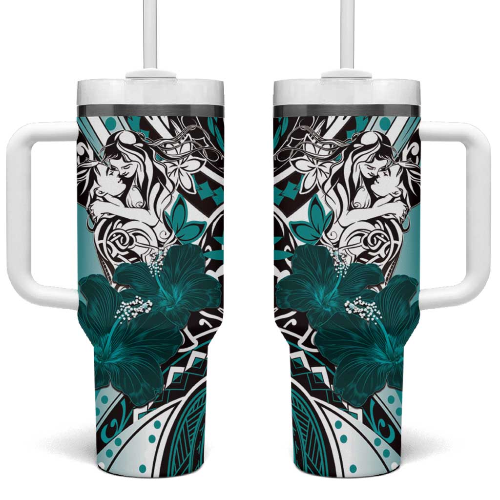 Polynesian Valentine Floral Teal Custom Stanley Quencher 40oz Stainless Steel Tumbler With Handle