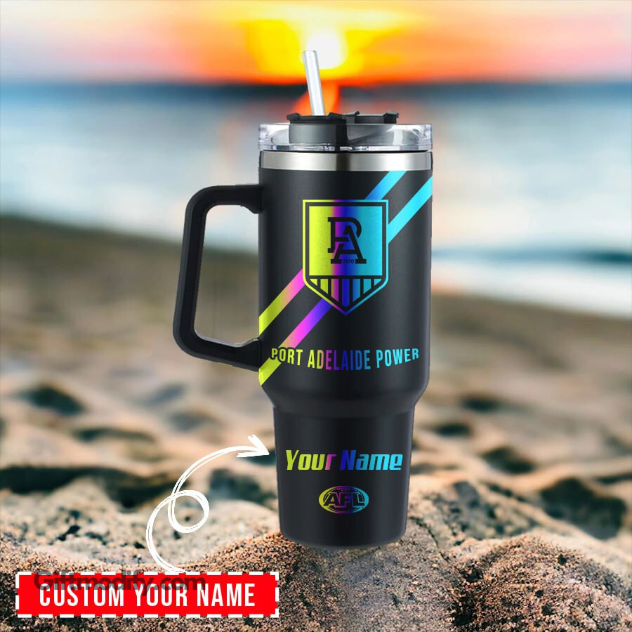 Port Adelaide Power AFL Hologram Logo Custom Stanley Quencher 40oz Stainless Steel Tumbler With Handle