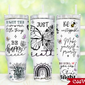 Positive Affirmation Butterfly Custom Stanley Quencher 40oz Stainless Steel Tumbler With Handle