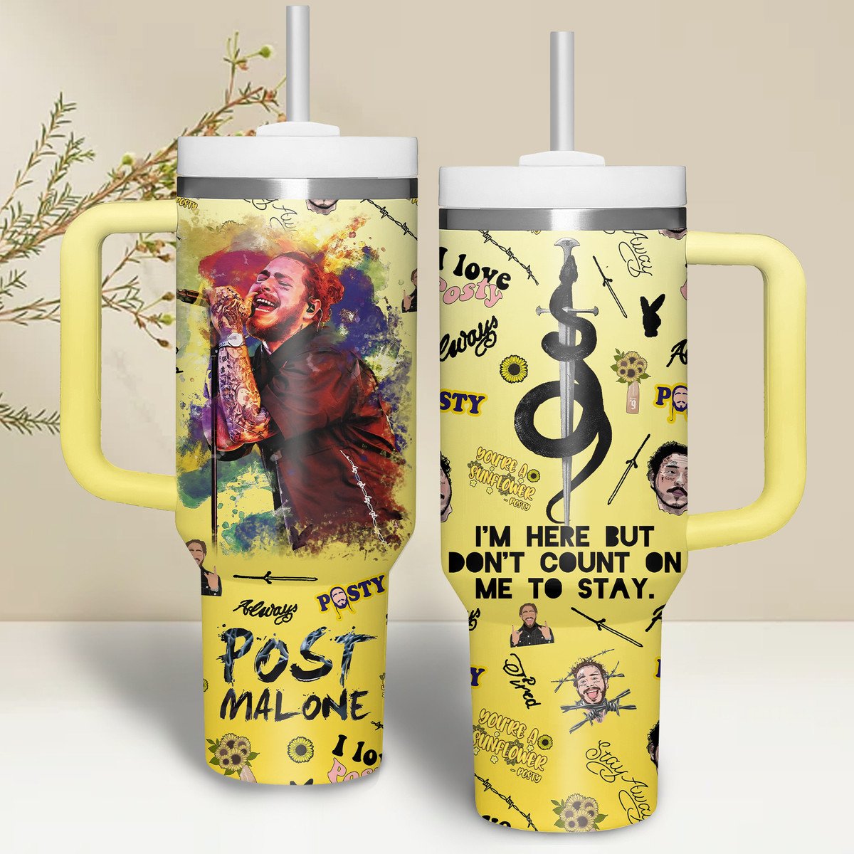 Post Malone Music Custom Stanley Quencher 40oz Stainless Steel Tumbler With Handle