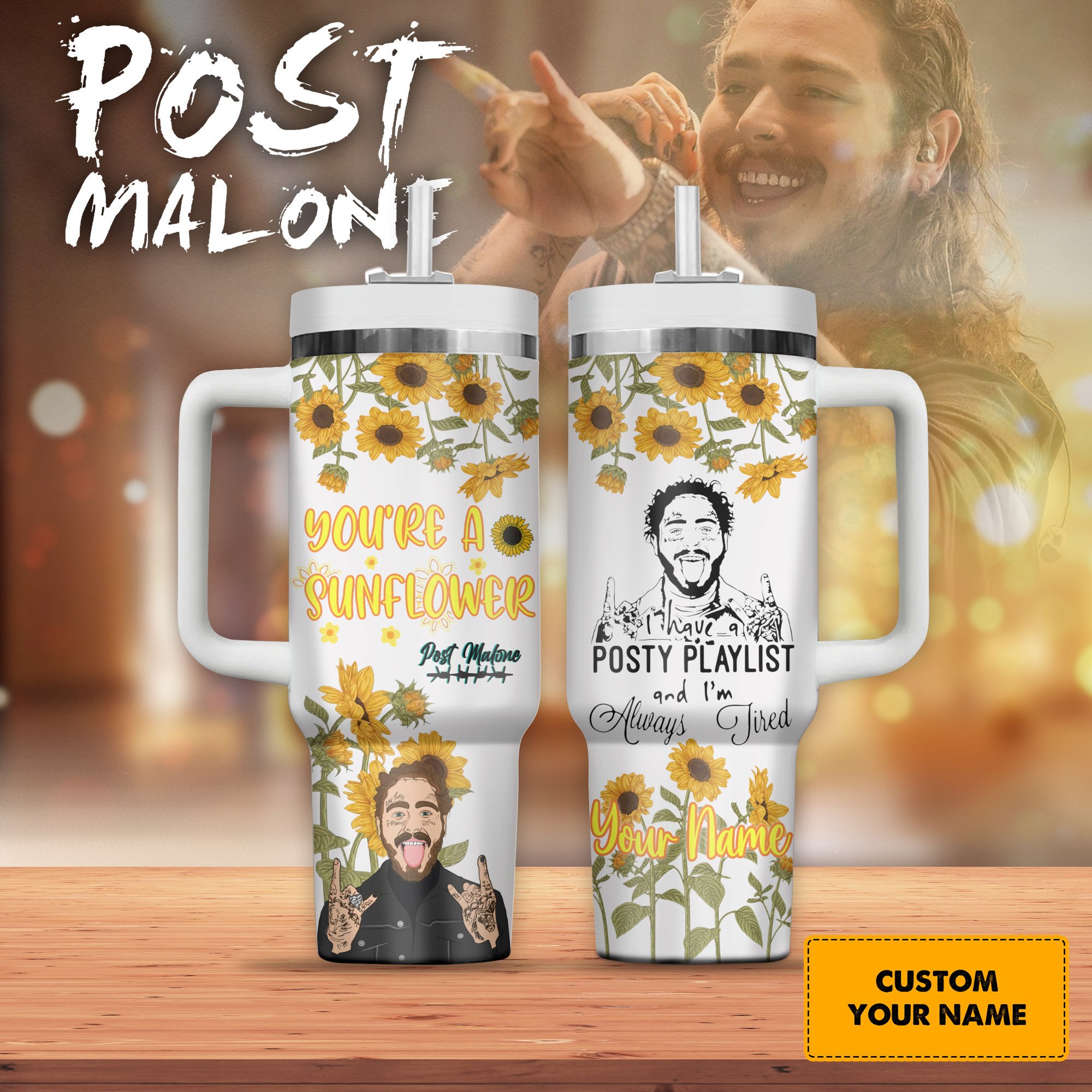 Post Malone Music Custom Stanley Quencher 40oz Stainless Steel Tumbler With Handle