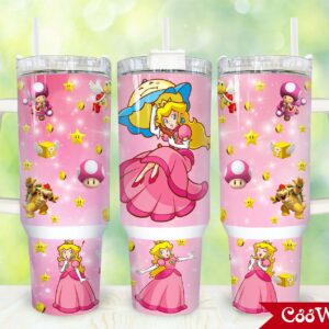 Princess Peach Super Mario Games Custom Stanley Quencher 40oz Stainless Steel Tumbler With Handle