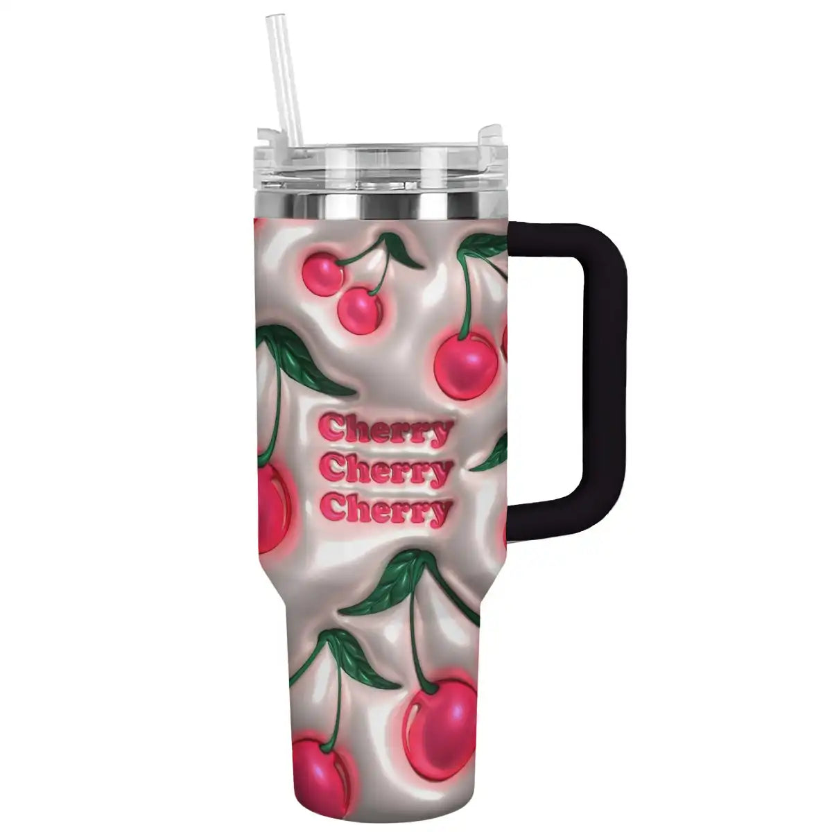 Puffy Cherry Custom Stanley Quencher 40oz Stainless Steel Tumbler With Handle