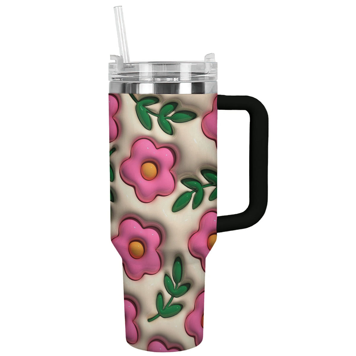Puffy Flowers Custom Stanley Quencher 40oz Stainless Steel Tumbler With Handle