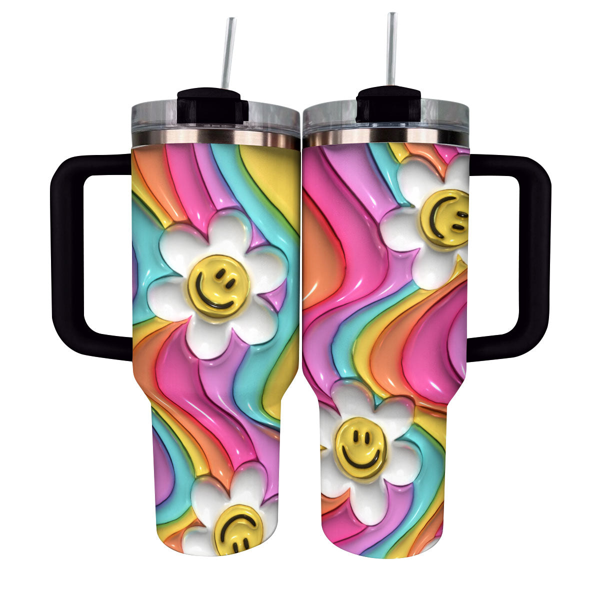 Puffy Smiley Custom Stanley Quencher 40oz Stainless Steel Tumbler With Handle