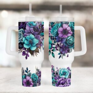 Purple And Teal Floral Custom Stanley Quencher 40oz Stainless Steel Tumbler With Handle