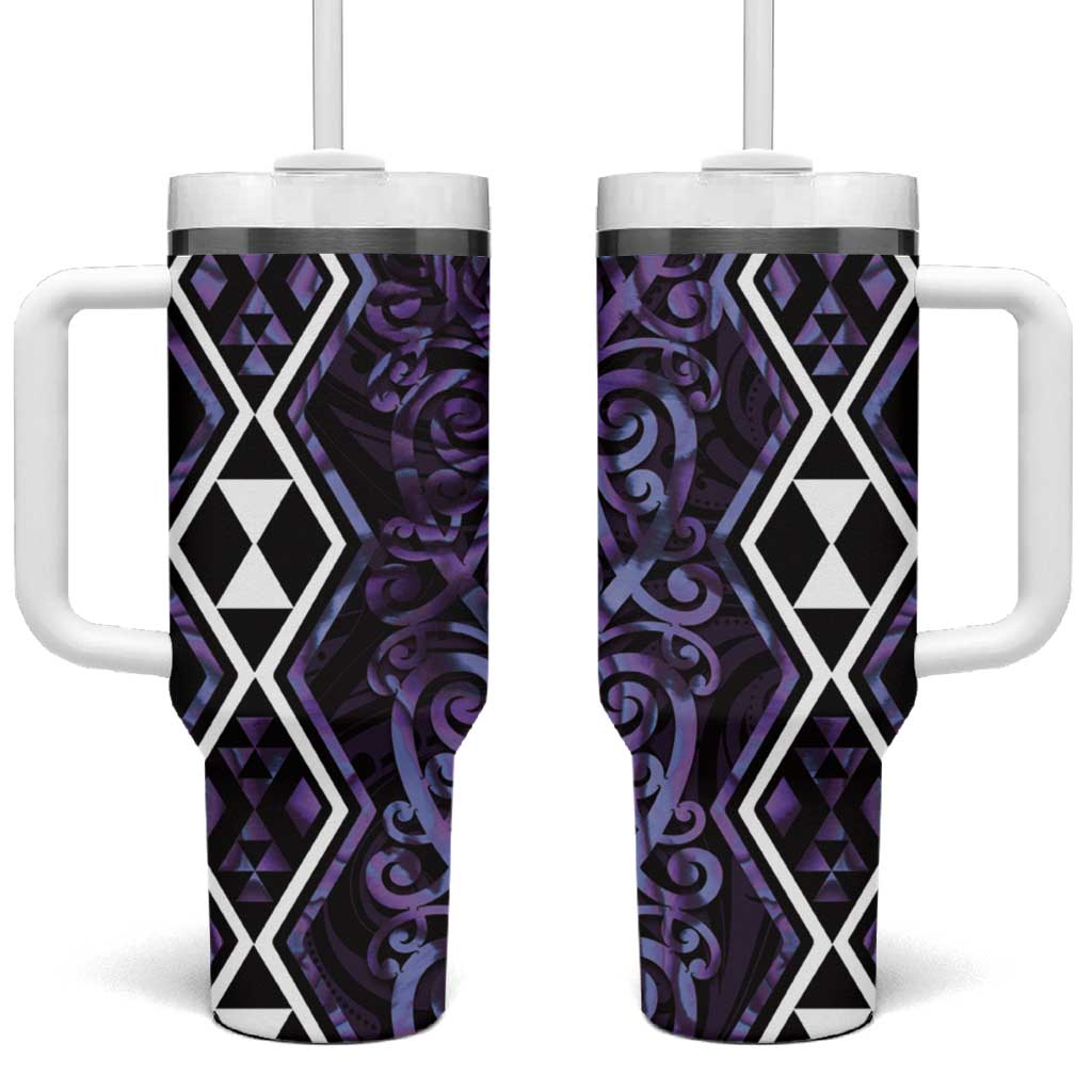 Purple Aotearoa Taniko Motifs With Paua Shell Kowhaiwhai Custom Stanley Quencher 40oz Stainless Steel Tumbler With Handle
